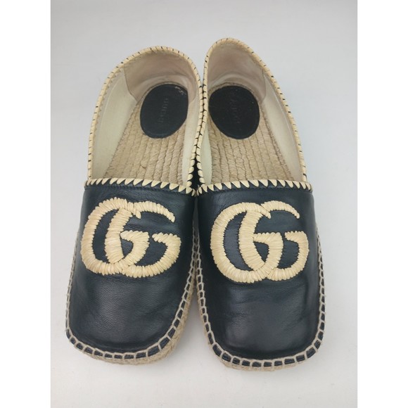 Gucci Women's Black Leather Embroidered GG Espadrilles Size 38 - Picture 3 of 8